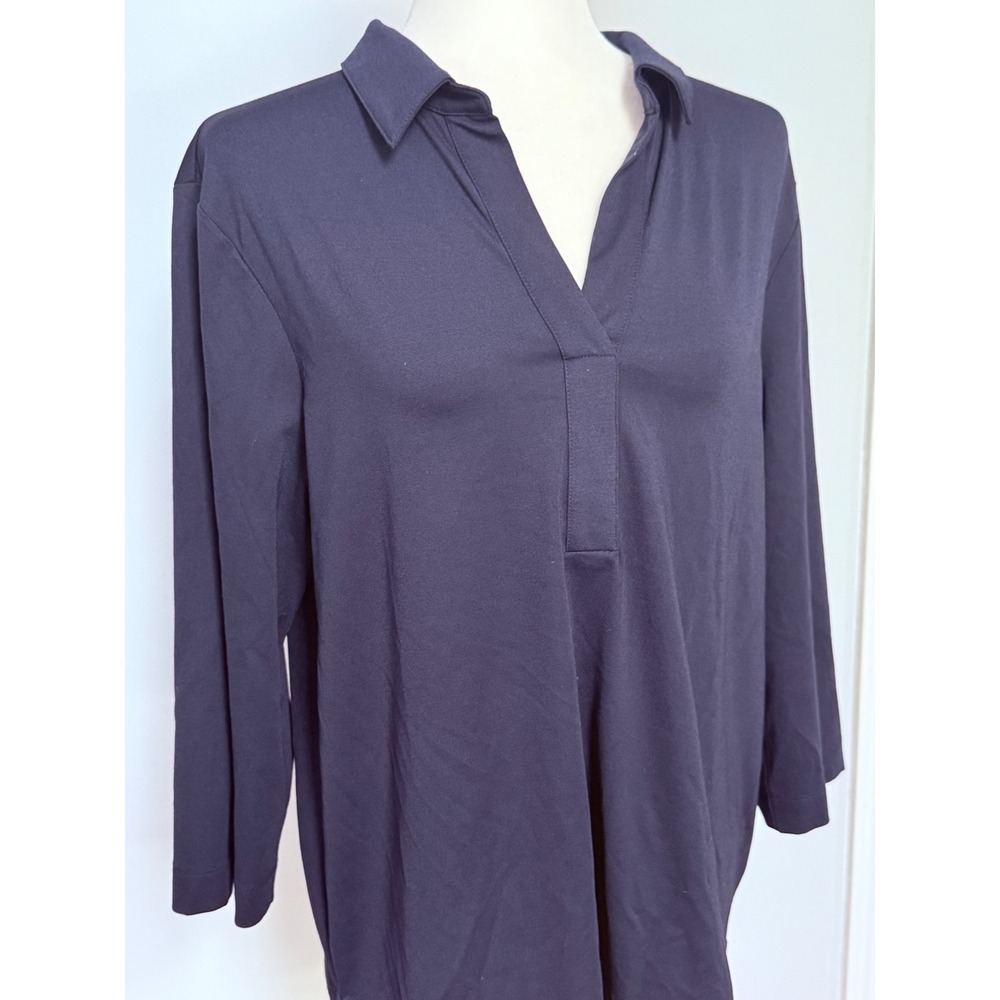 Chicos V-Neck Polo Tunic Top 3/4 Sleeve Navy Blue Stretch Size 2 Large